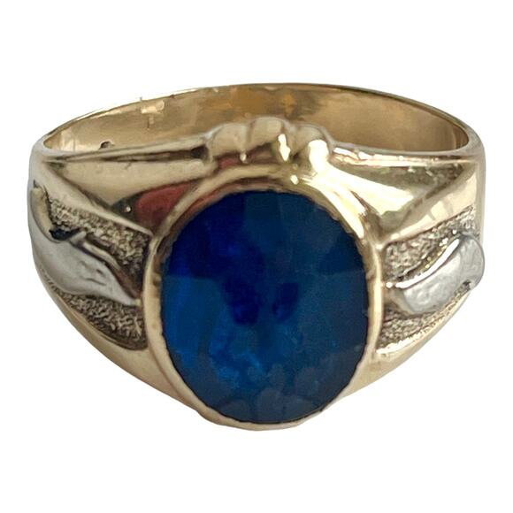 10K Gold BLUE SAPPHIRE RING Mens Size 10 Oval 8x9mm Bezel Set Lab Grown Gemstone - Picture 2 of 10